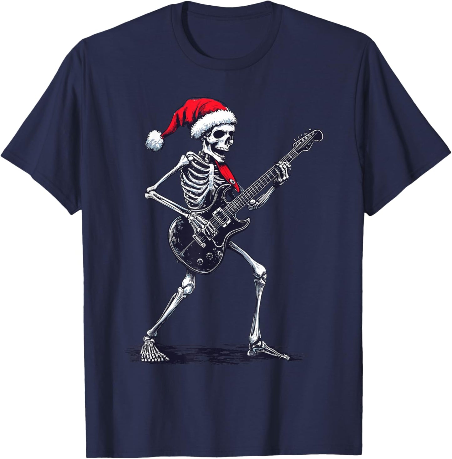 Santa Skeleton Playing Electric Guitar - Guitarist Christmas T-Shirt - T-Shirt | Navy