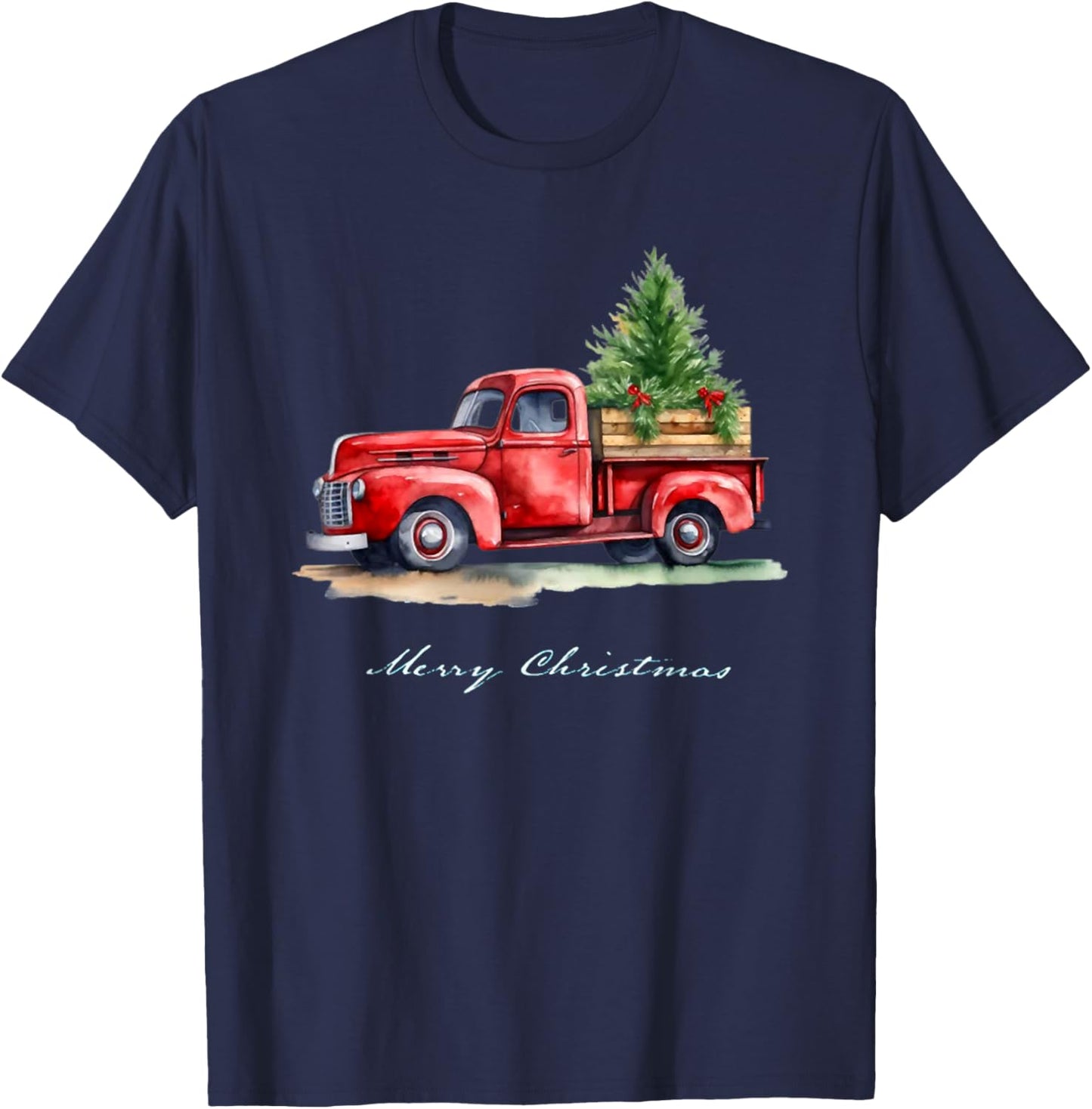 Funny Classic Red Vintage Wagon Truck Christmas Tree Design T-Shirt - T-Shirt | Navy