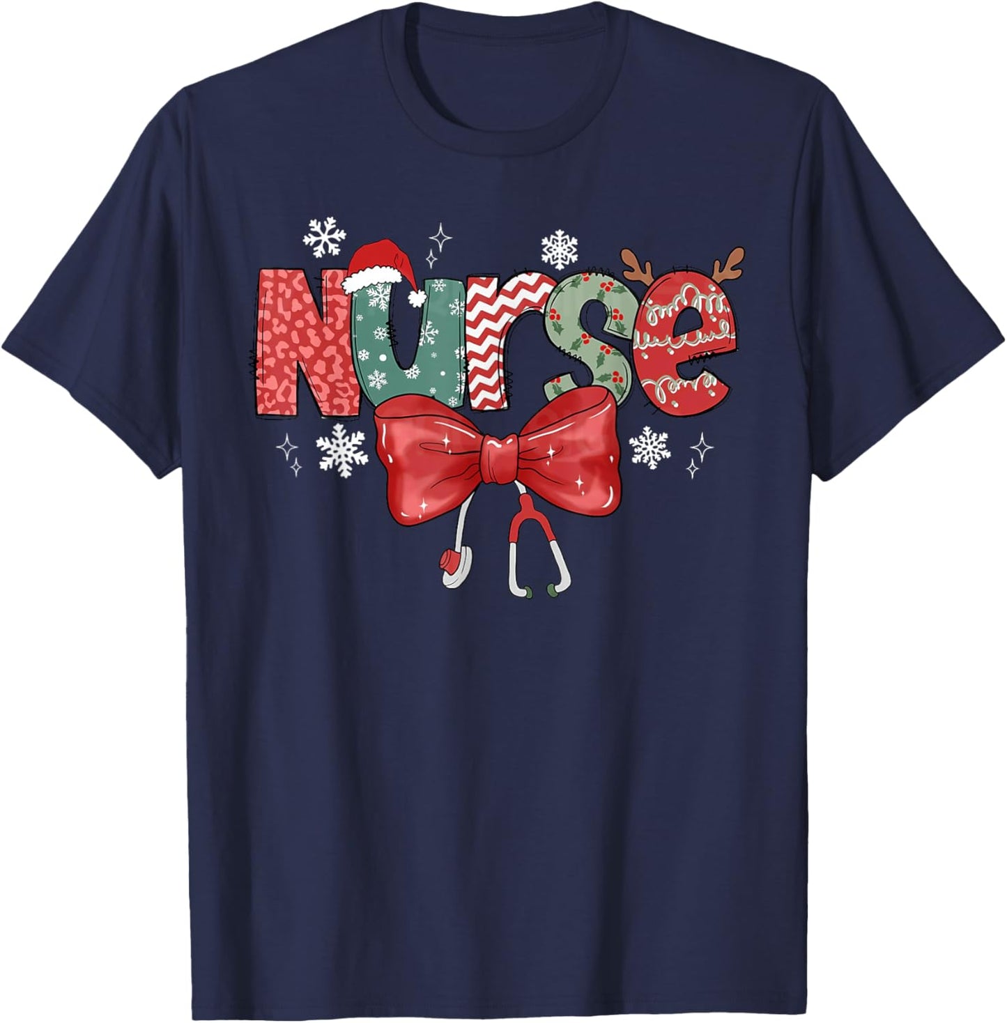 Nurse Christmas Stethoscope Coquette Bow Pajamas Holiday T-Shirt - T-Shirt | Navy