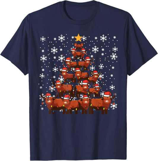 Highland Cows Christmas Tree Xmas Farm Farmer Men Women Kids T-Shirt - T-Shirt | Navy