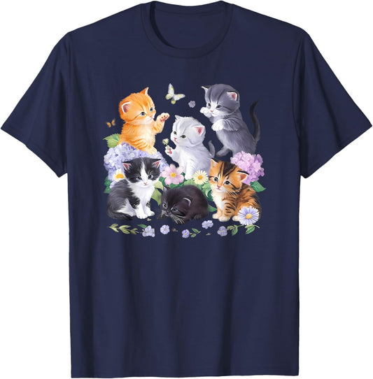 Cottagecore Cat T-Shirt - T-Shirt | Navy