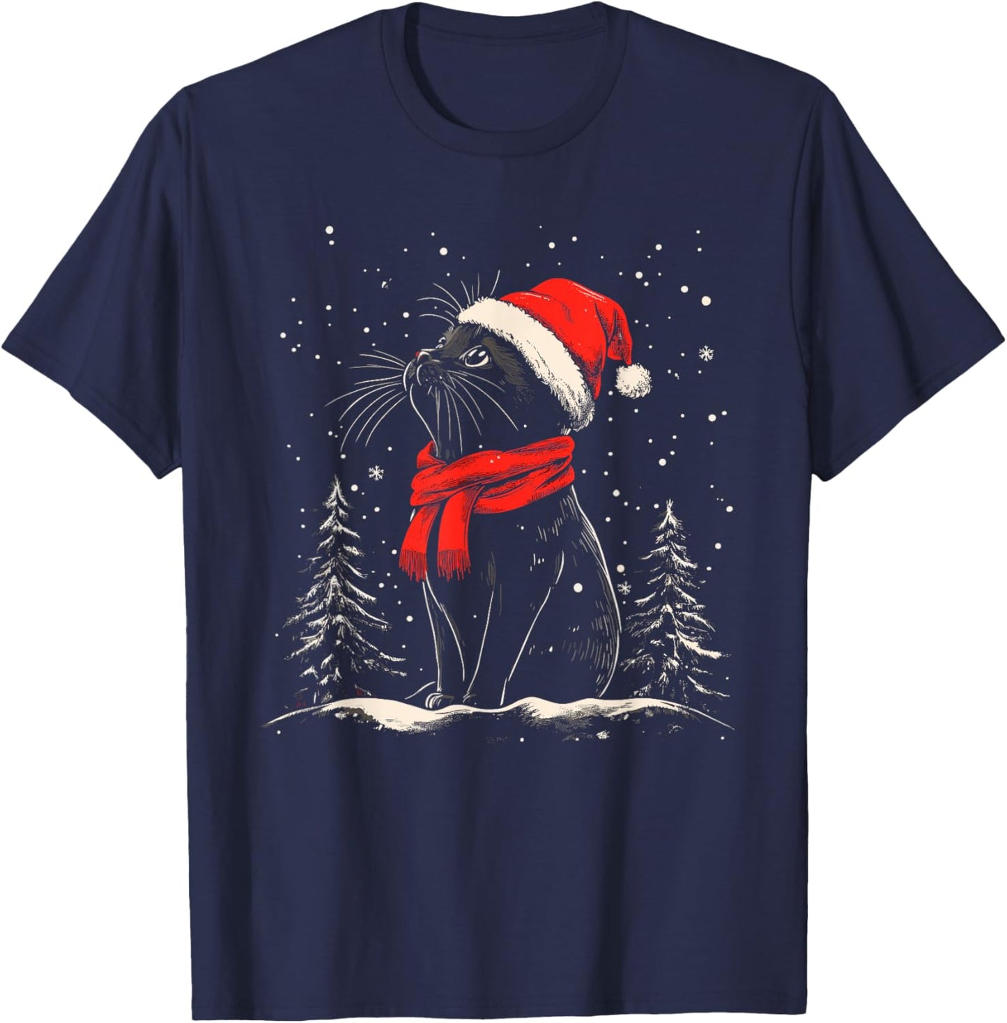 Black Cat Santa Hat Christmas Xmas Kitten T-Shirt - T-Shirt | Navy