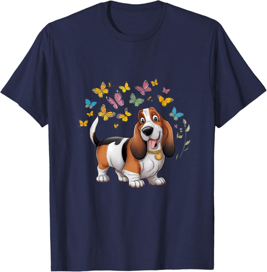 Basset hound dog with butterflies T-Shirt - T-Shirt | Navy