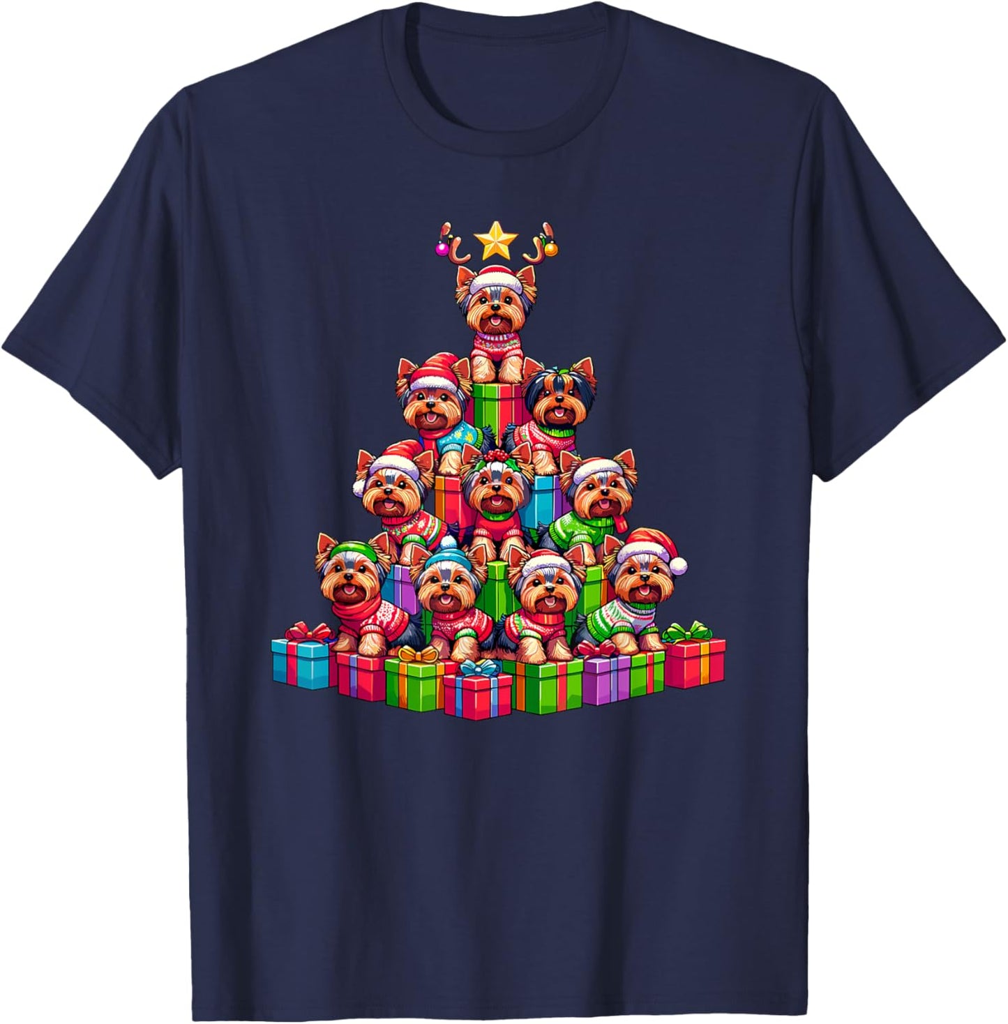 Christmas Tree Yorkshire Terrier Terriers Yorkie T-Shirt - T-Shirt | Navy