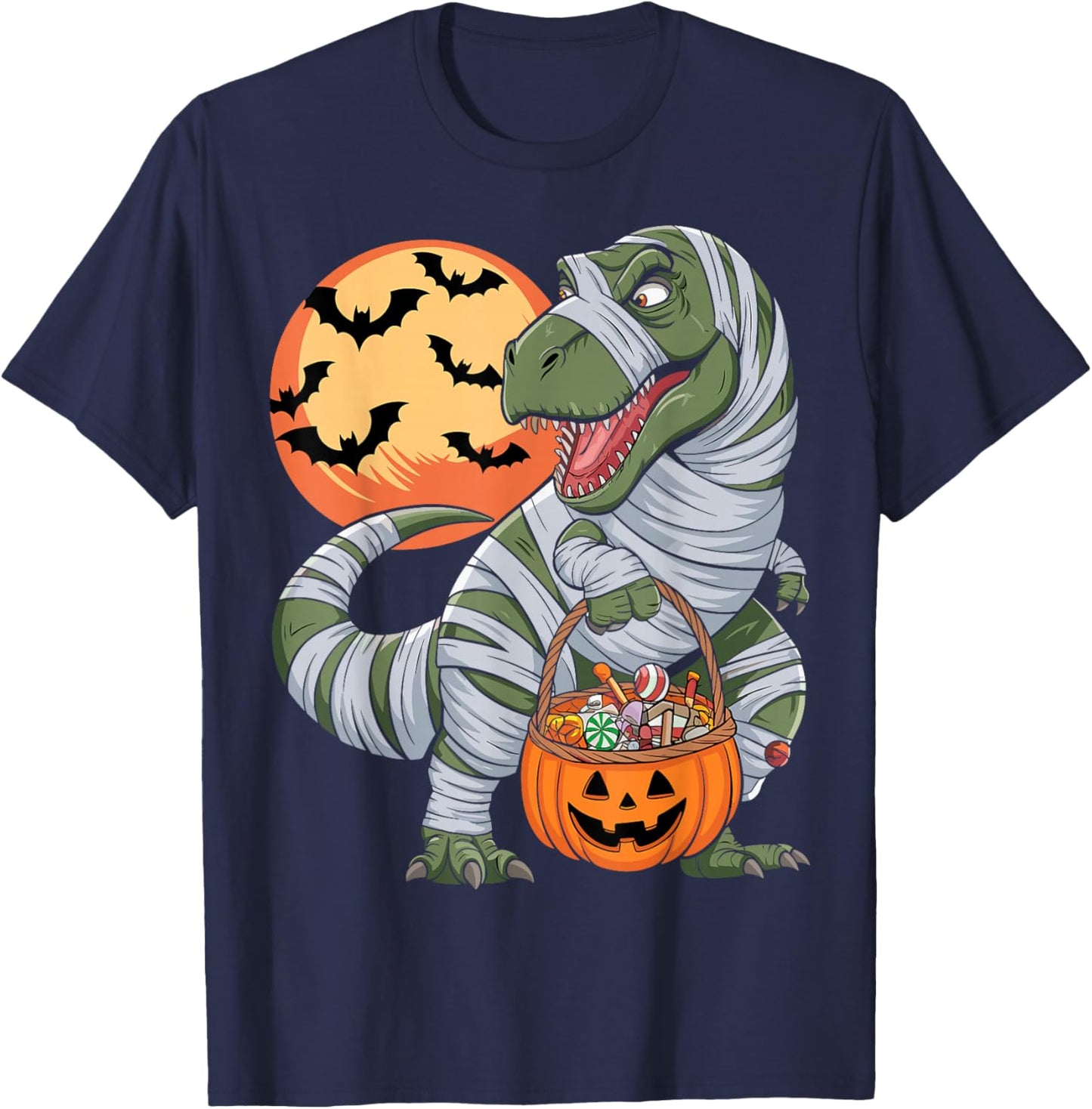 Halloween Boys Dinosaur T rex Mummy Pumpkin T-Shirt - T-Shirt | Navy