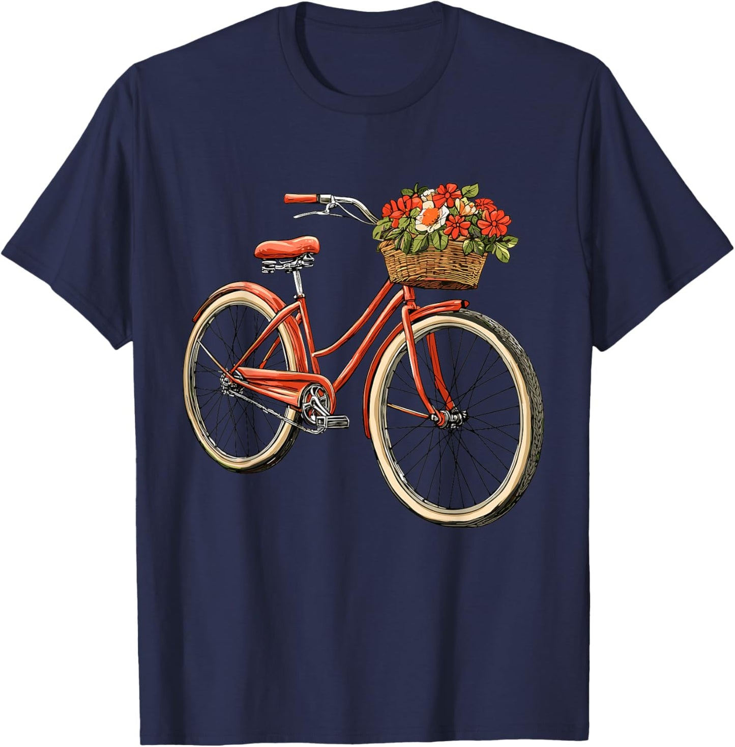 Bicycle with Basket of Flowers, Cyclist T-Shirt - T-Shirt | Navy