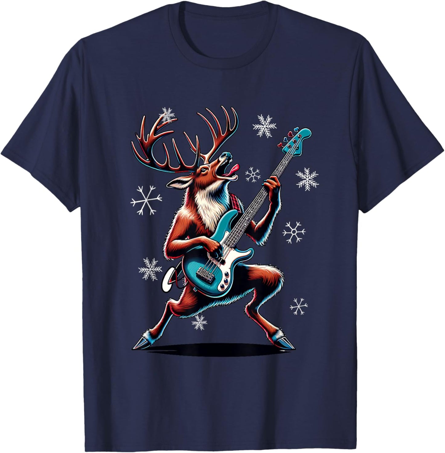Rock & Roll Reindeer Bass-Guitar Bassist Christmas T-Shirt - T-Shirt | Navy