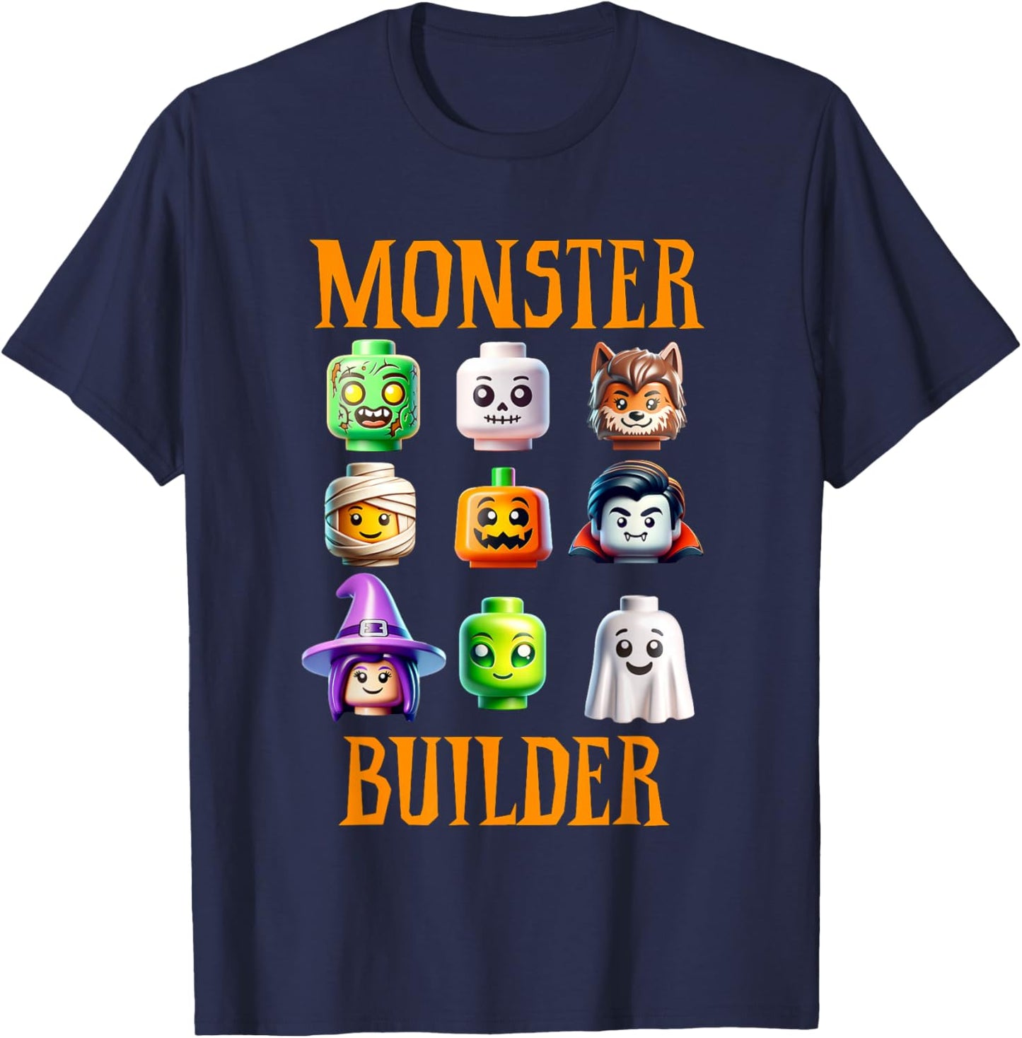 Halloween Buillding Brick Head Monster Builder Boys Kids T-Shirt - T-Shirt | Navy