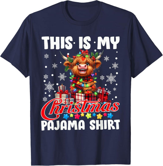 This Is My Christmas Pajama Santa Highland Cow Christmas T-Shirt - T-Shirt | Navy