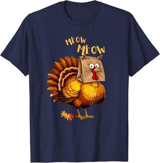 Thanksgiving Turkey Cat Meow Funny Men Women Thanksgiving T-Shirt - T-Shirt | Navy