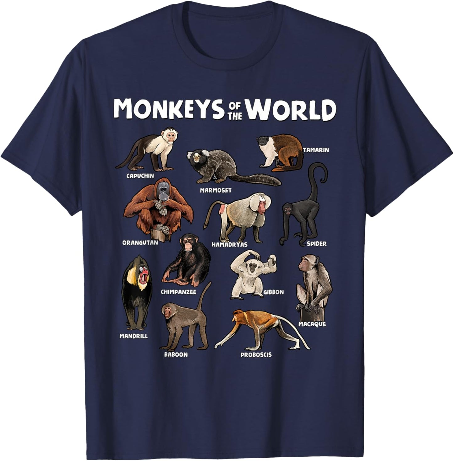 Monkeys of the World Realistic Animal Species Design T-Shirt - T-Shirt | Navy