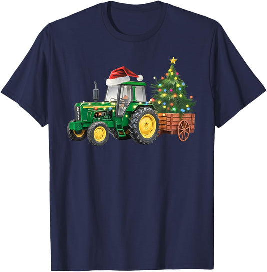 Christmas Farm Tractor Tree Lights Santa Hat Xmas Farmer T-Shirt - T-Shirt | Navy