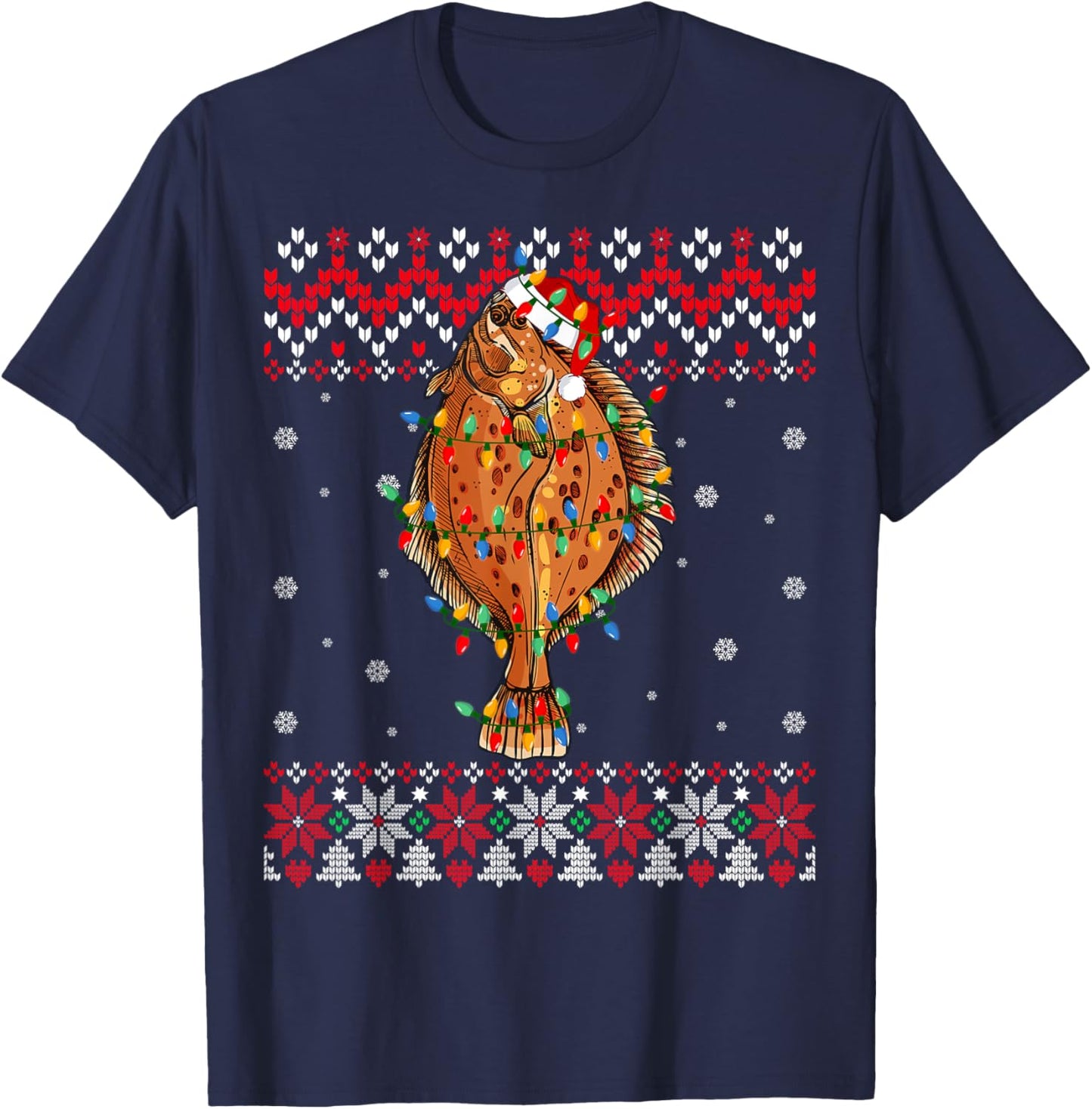 Flounder Fish Santa Hat Men Women Kids Ugly Christmas Light T-Shirt - T-Shirt | Navy