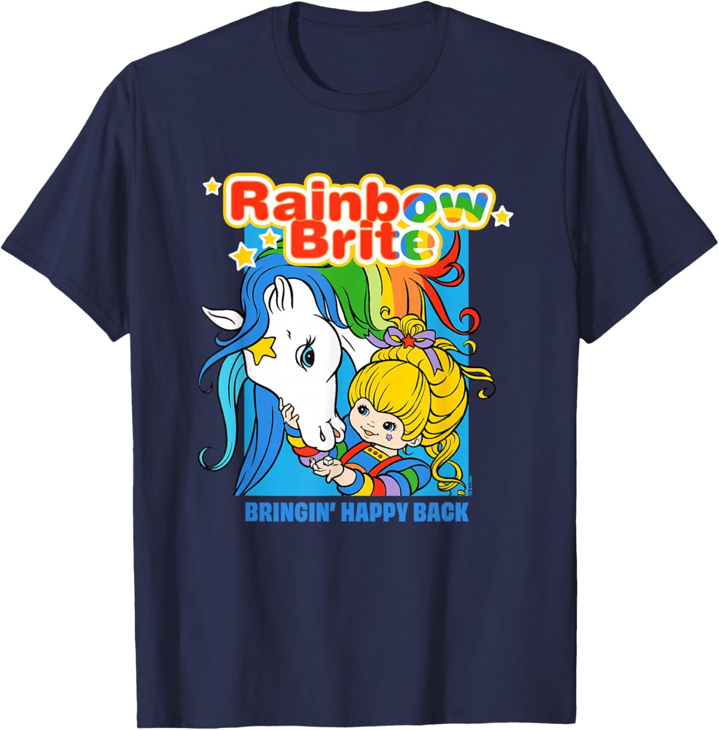 Rainbow Brite Bringin' Happy Back Colorful Retro Chest Logo T-Shirt - T-Shirt | Navy
