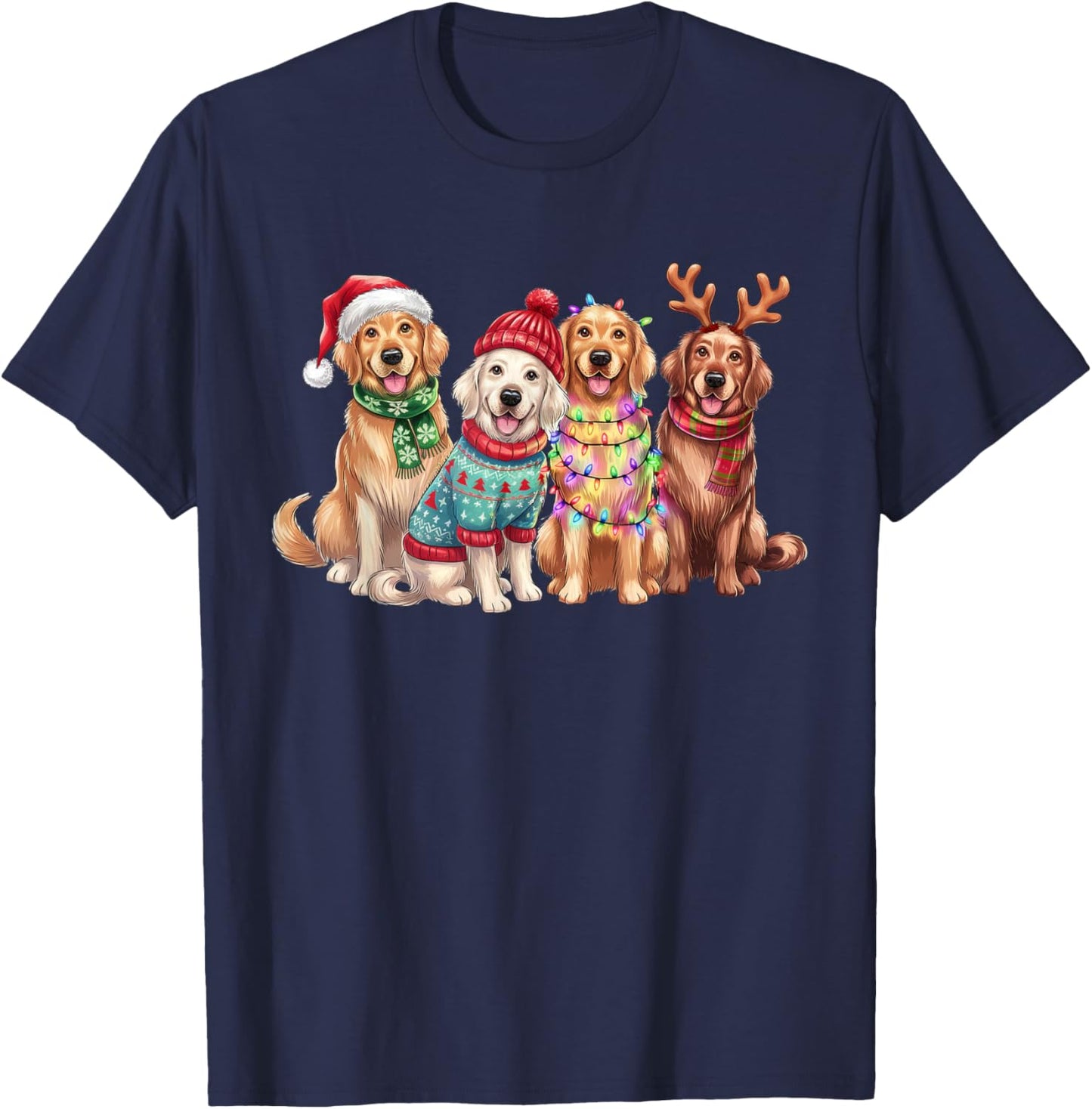 Golden Retriever Reindeer Christmas Lights Dog Lover Xmas T-Shirt - T-Shirt | Navy