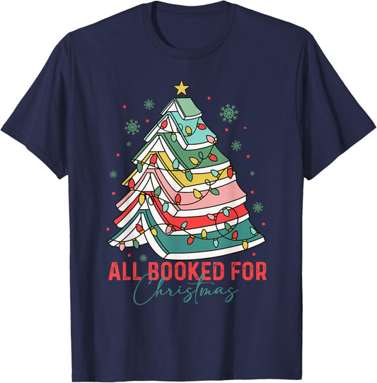 All Booked for Christmas Book Lovers Xmas Tree Lights Funny T-Shirt - T-Shirt | Navy