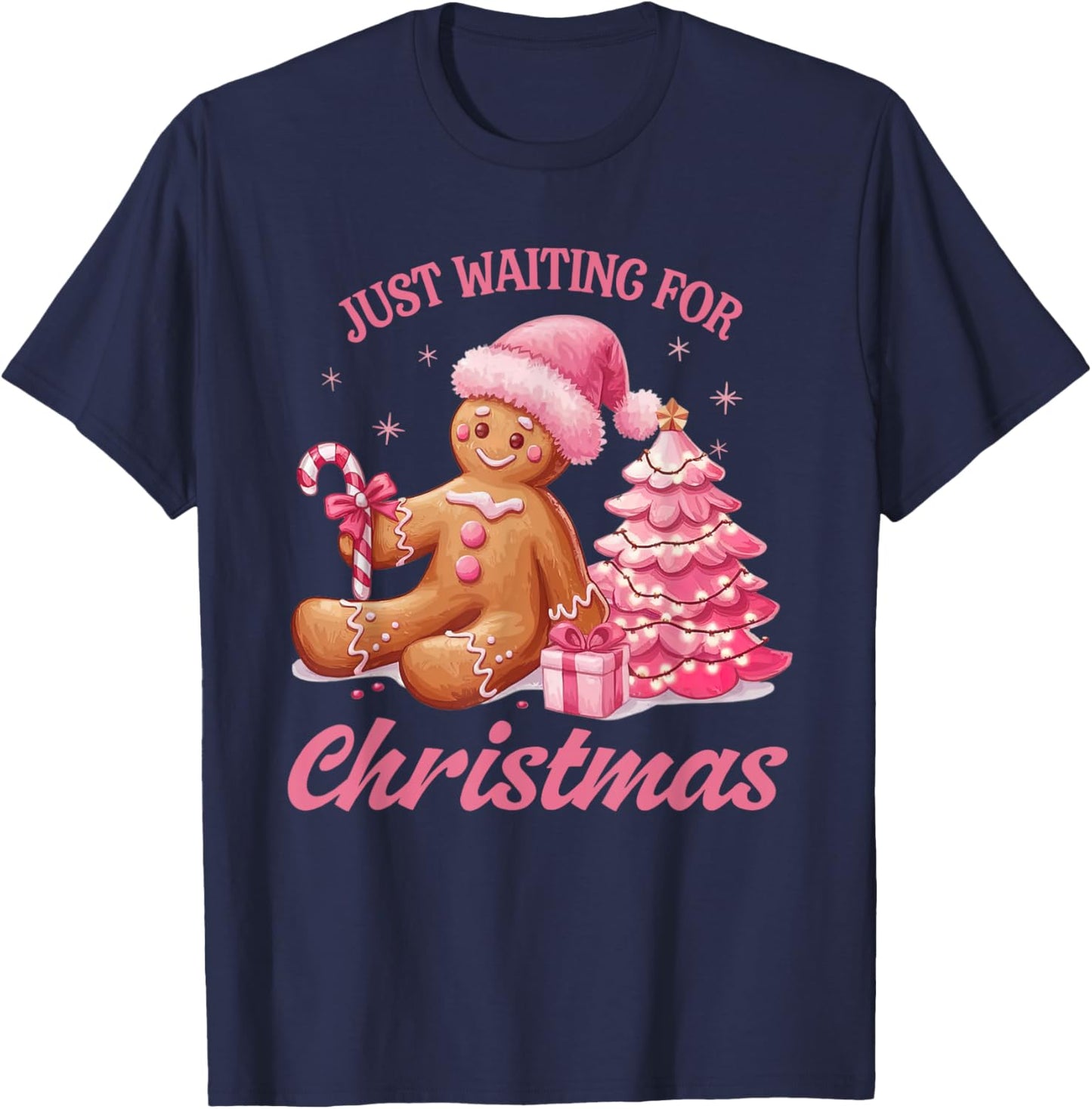 Cute Preppy Pink Gingerbread Man Candy Canes Christmas Tree T-Shirt - T-Shirt | Navy