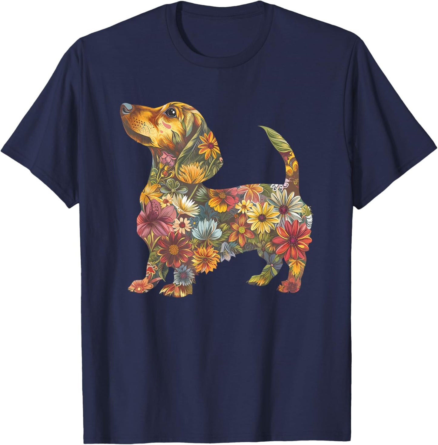 Dachshund Flower Funny Dog Silhouette Floral Gifts Women Men T-Shirt - T-Shirt | Navy