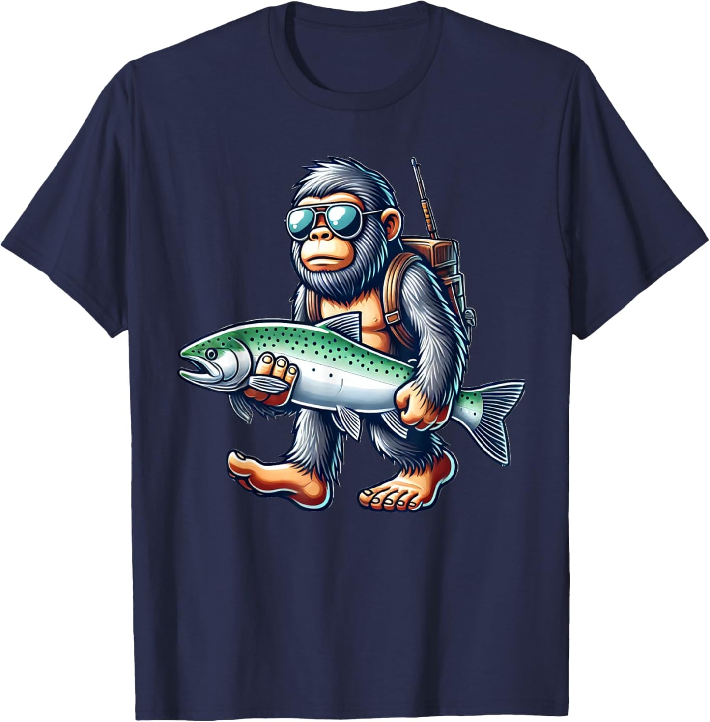 Fishing Bigfoot Lover Gift Co. Steelhead Fishing Bigfoot Trout River -Adults & Kids , Black, Small, Short Sleeve T-Shirt - T-Shirt | Navy