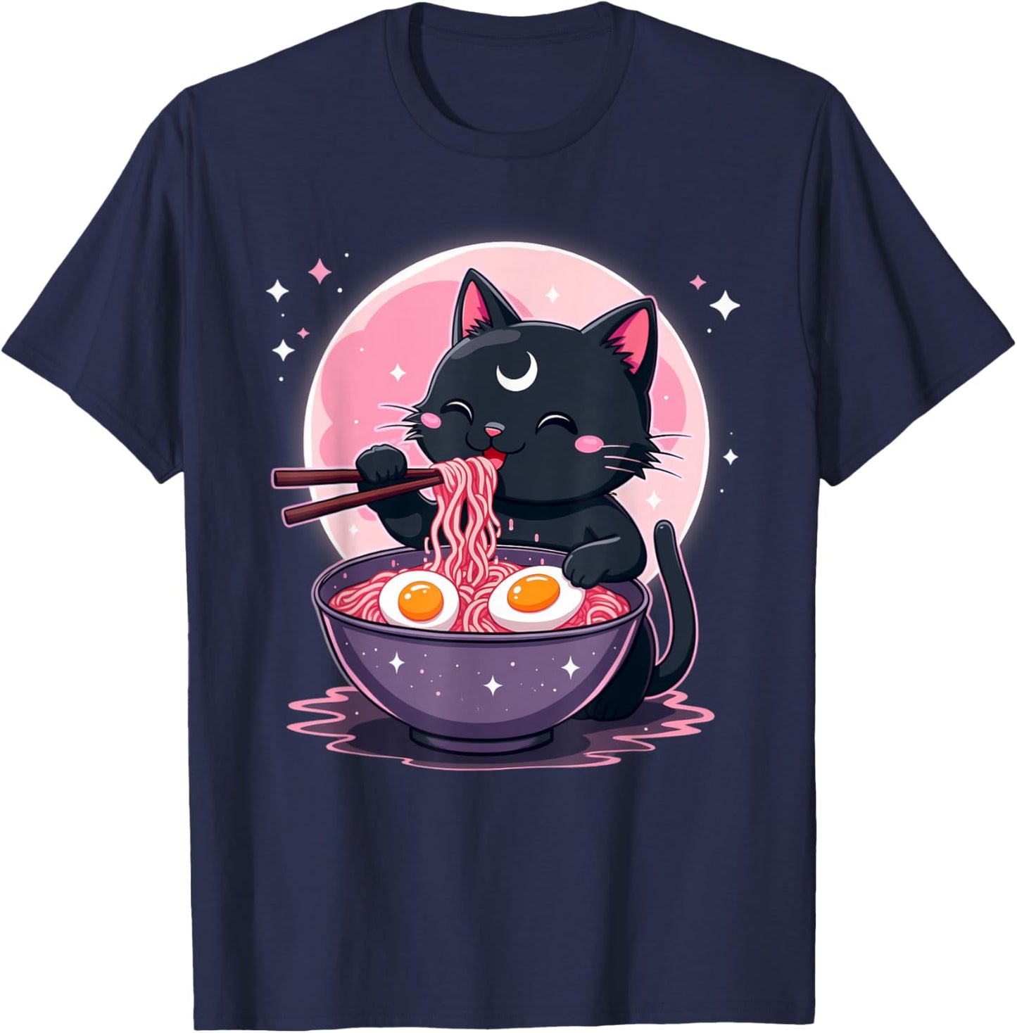 Pastel Goth Aesthetic Kawaii Creepy Cat Eating Ramen Noodles T-Shirt - T-Shirt | Navy