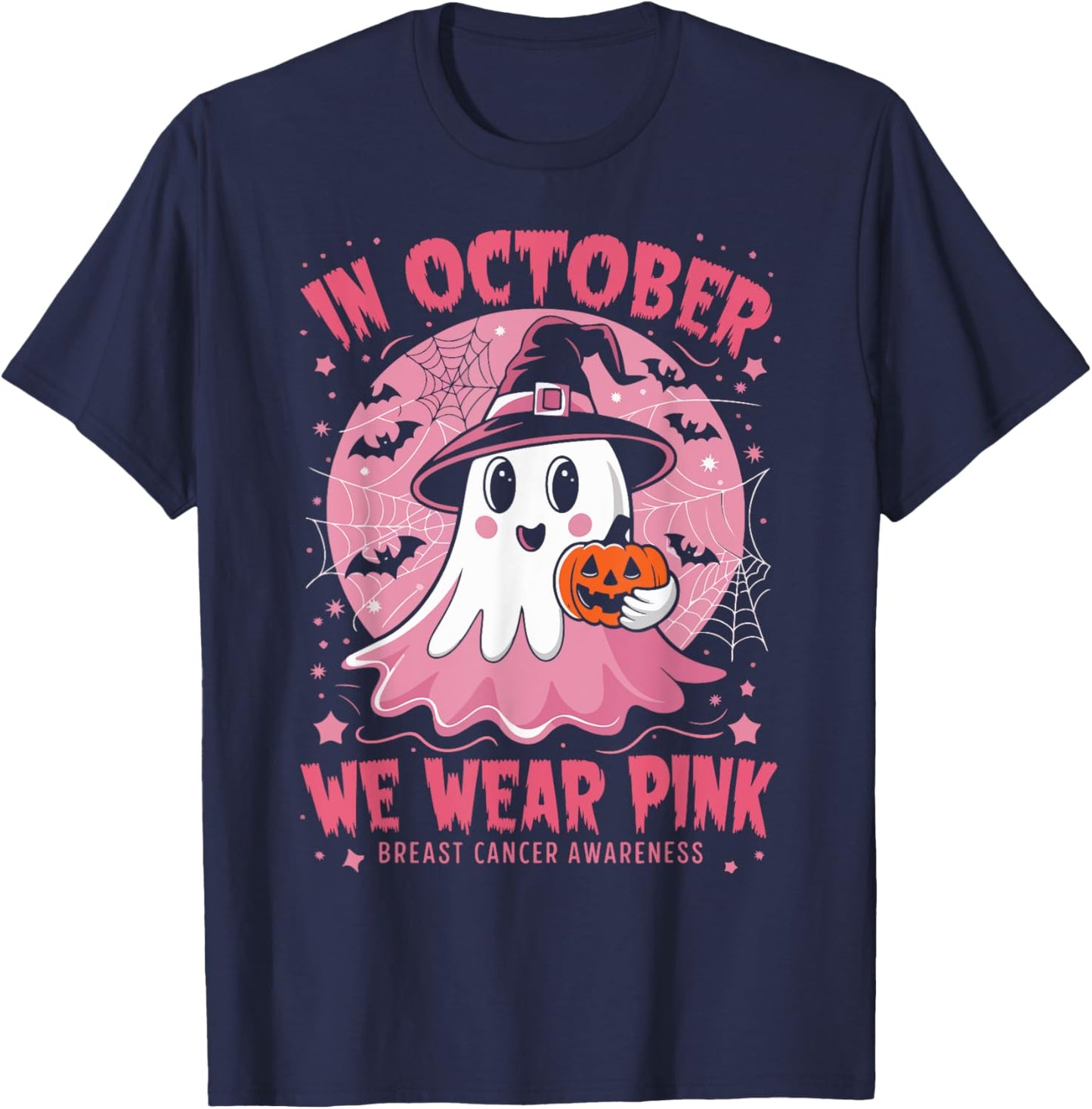 In October We Wear Pink Breast Cancer Awareness Women Ghost T-Shirt - T-Shirt | Navy