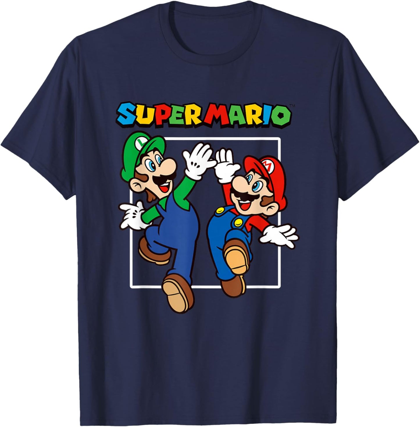 Super Mario Bros Big Jump High Five Retro Portrait T-Shirt - T-Shirt | Navy