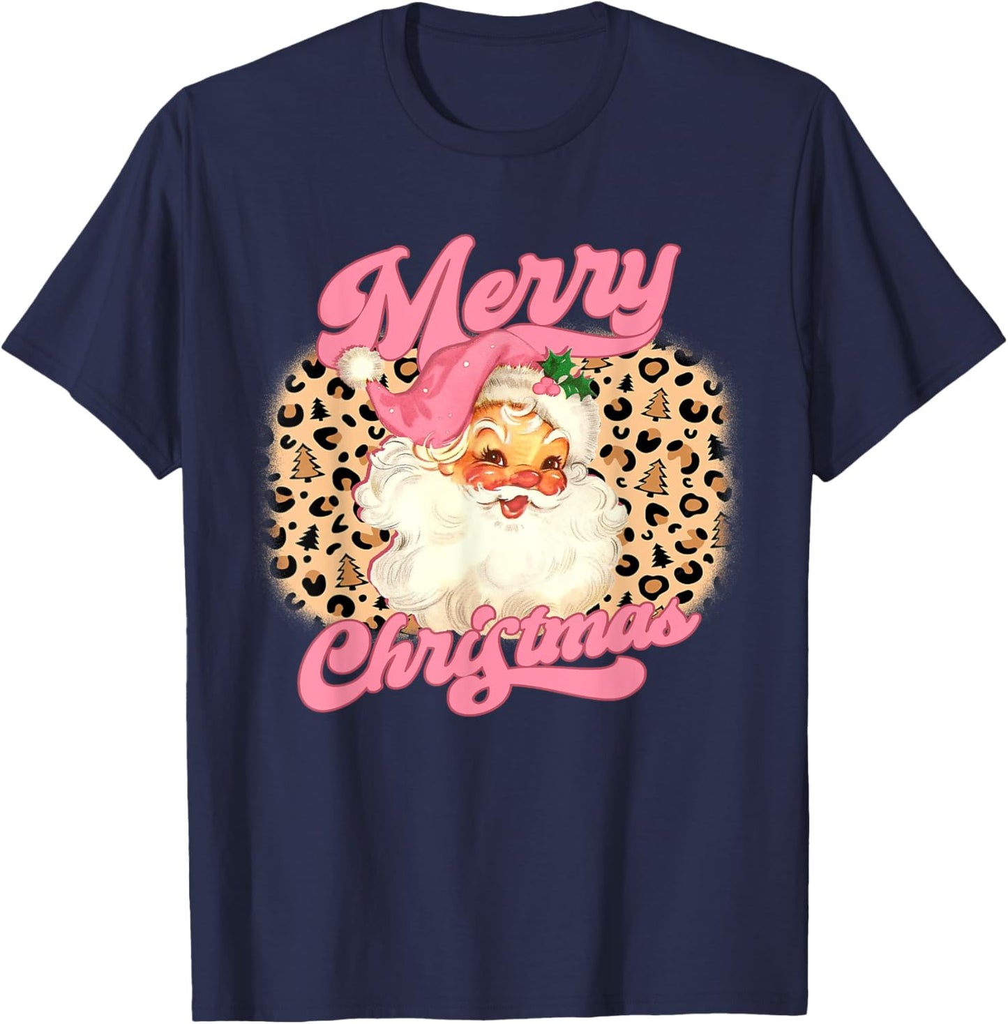 Merry Christmas Pink Santa Claus Leopard Print Women Girls T-Shirt - T-Shirt | Navy