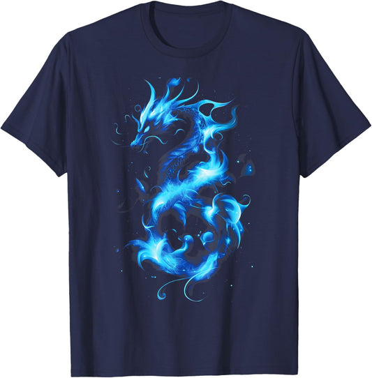Blue Flames Dragon Fantasy art Mythical creature T-Shirt - T-Shirt | Navy