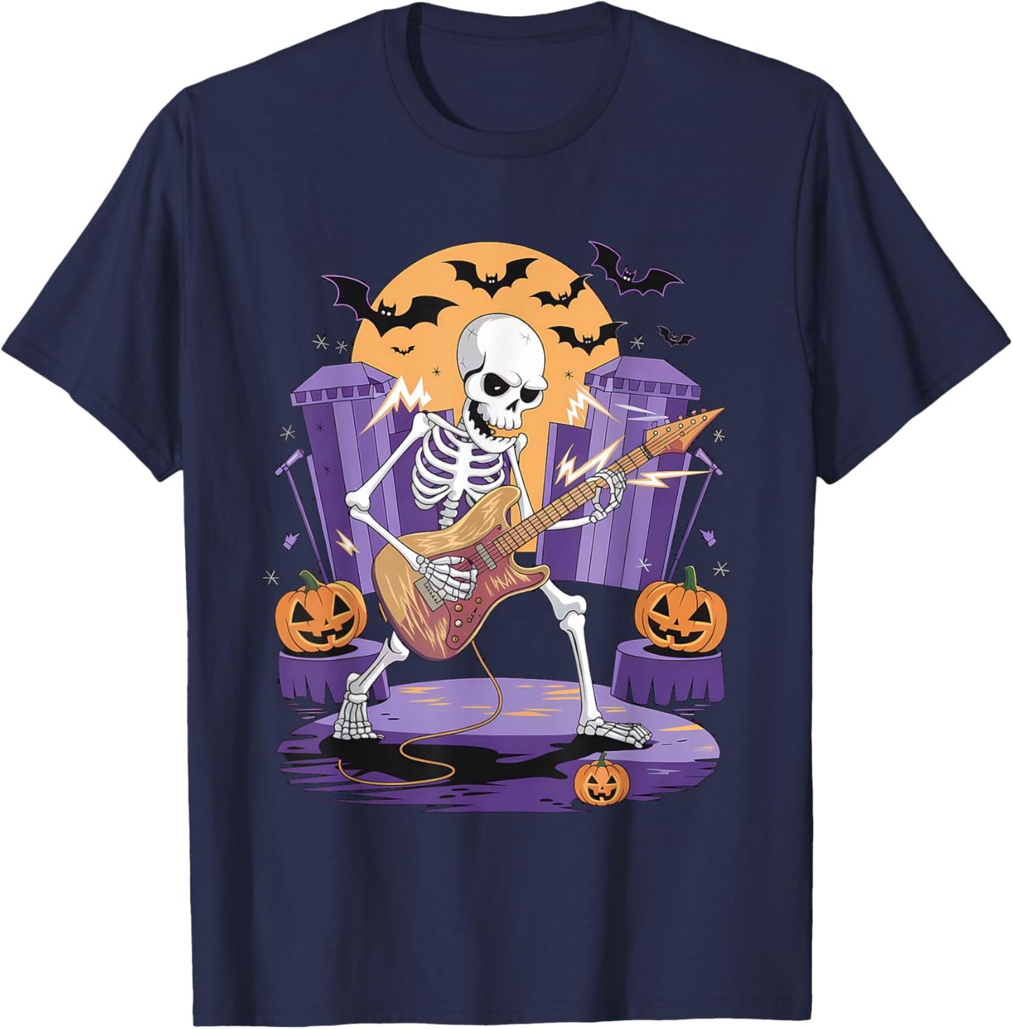 Halloween Rock Roll Rockers Skeleton Playing Electric Guitar T-Shirt - T-Shirt | Navy