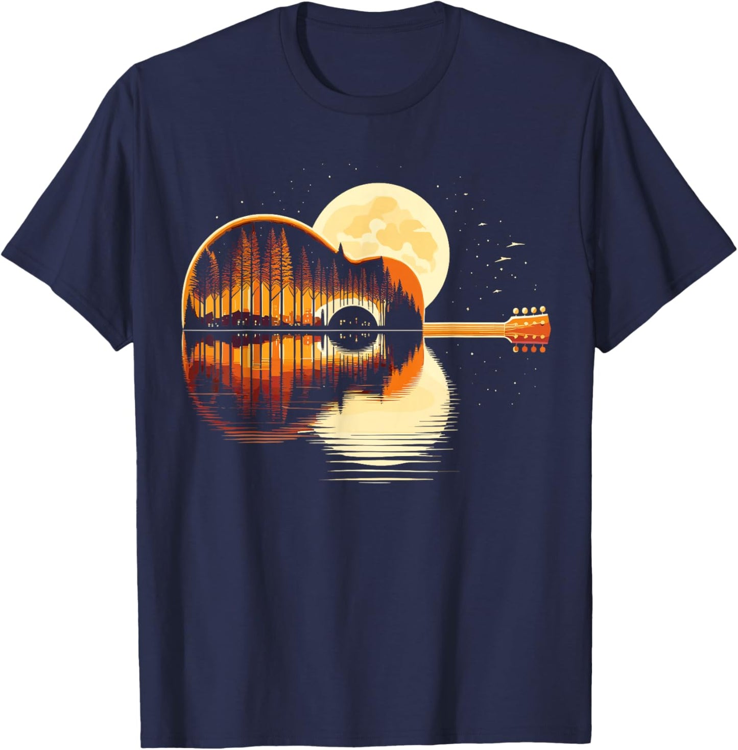 Guitar Nature Moon Retro Guitarist Acoustic T-Shirt - T-Shirt | Navy