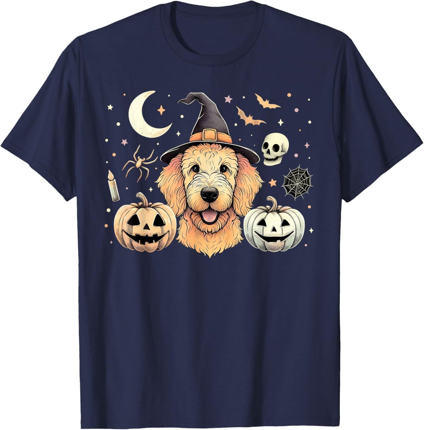 Halloween Goldendoodle and Pumpkins Bats Moon Spooky Holiday T-Shirt - T-Shirt | Navy
