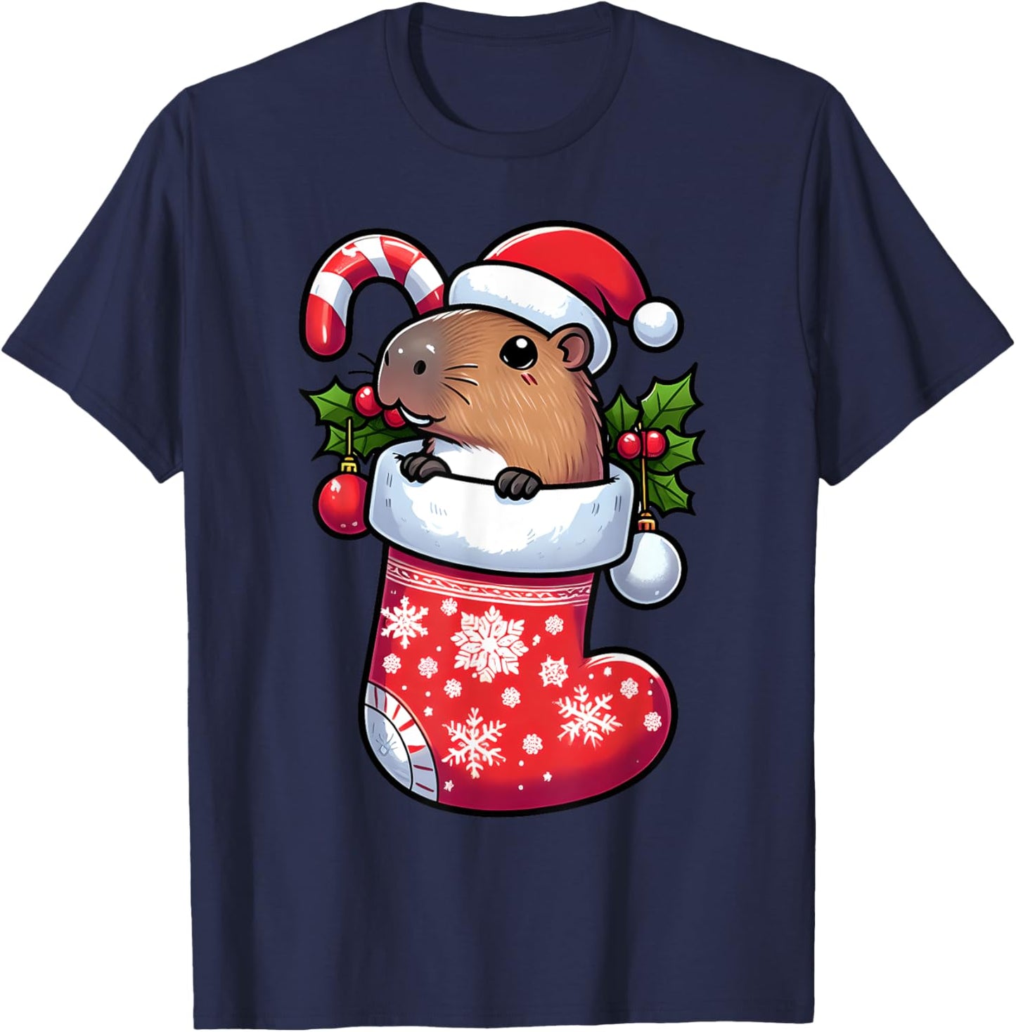Capybara in Christmas Stocking Candy Cane Santa Hat Pajama T-Shirt - T-Shirt | Navy