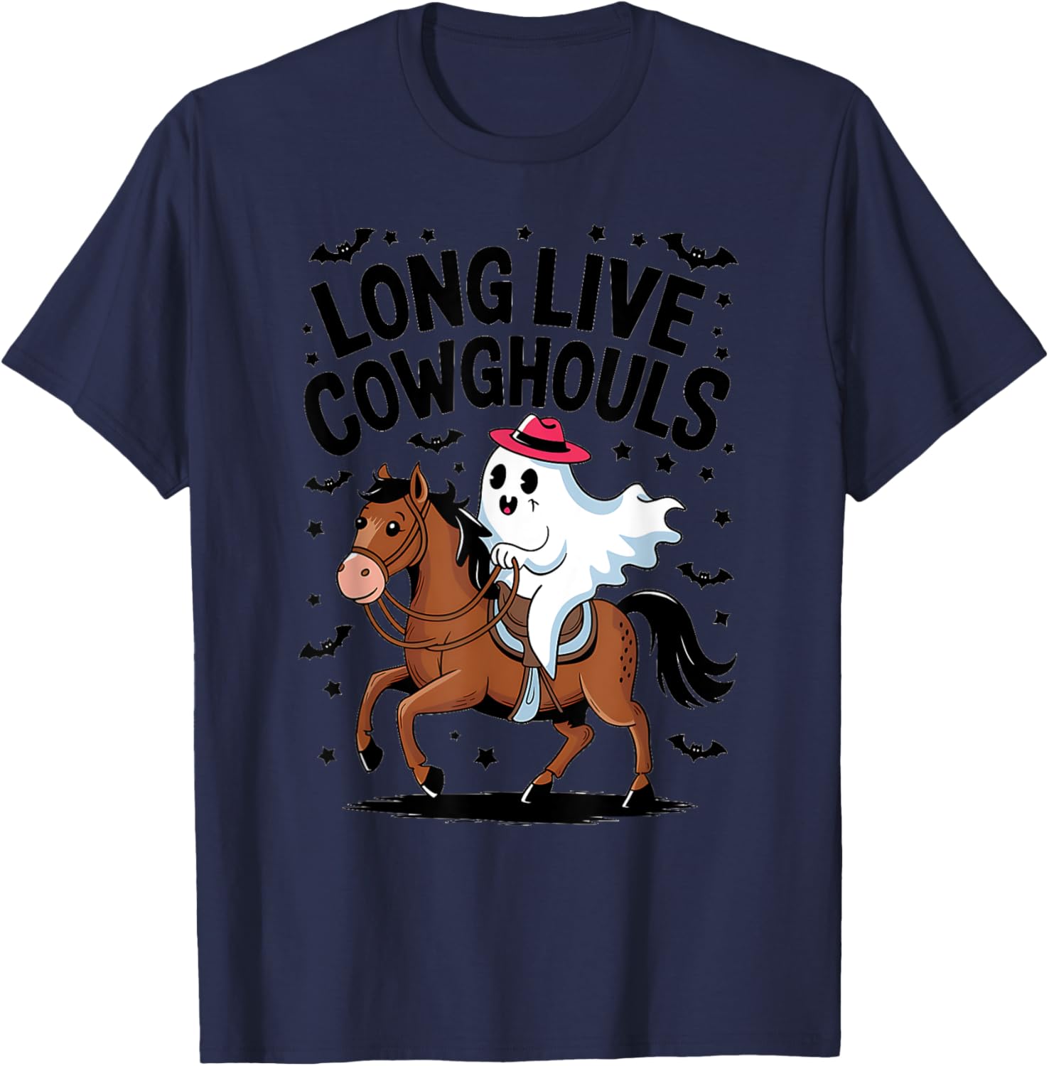 Long Live Cowghouls Spooky Cowgirl Riding Ghost Horse T-Shirt - T-Shirt | Navy