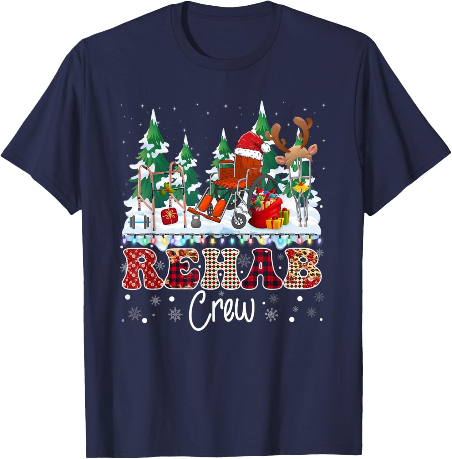 Rehab Crew Wheelchair Santa Hat Reindeer Christmas Tree T-Shirt - T-Shirt | Navy