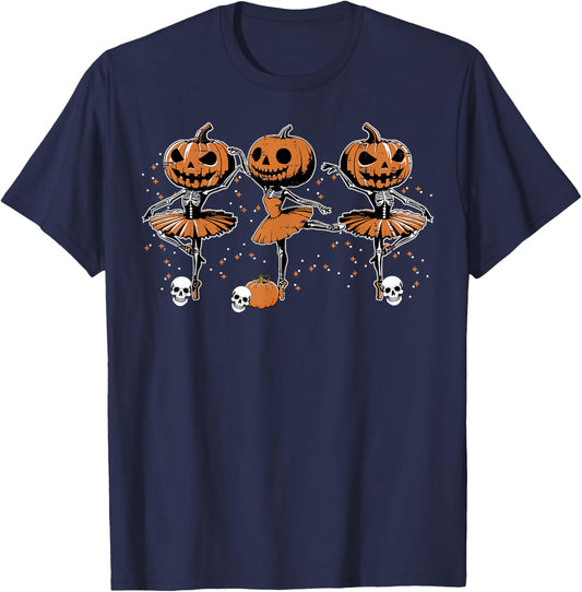 Ballet Ballerina Pumpkin Skeletons Halloween Women Girls T-Shirt - T-Shirt | Navy