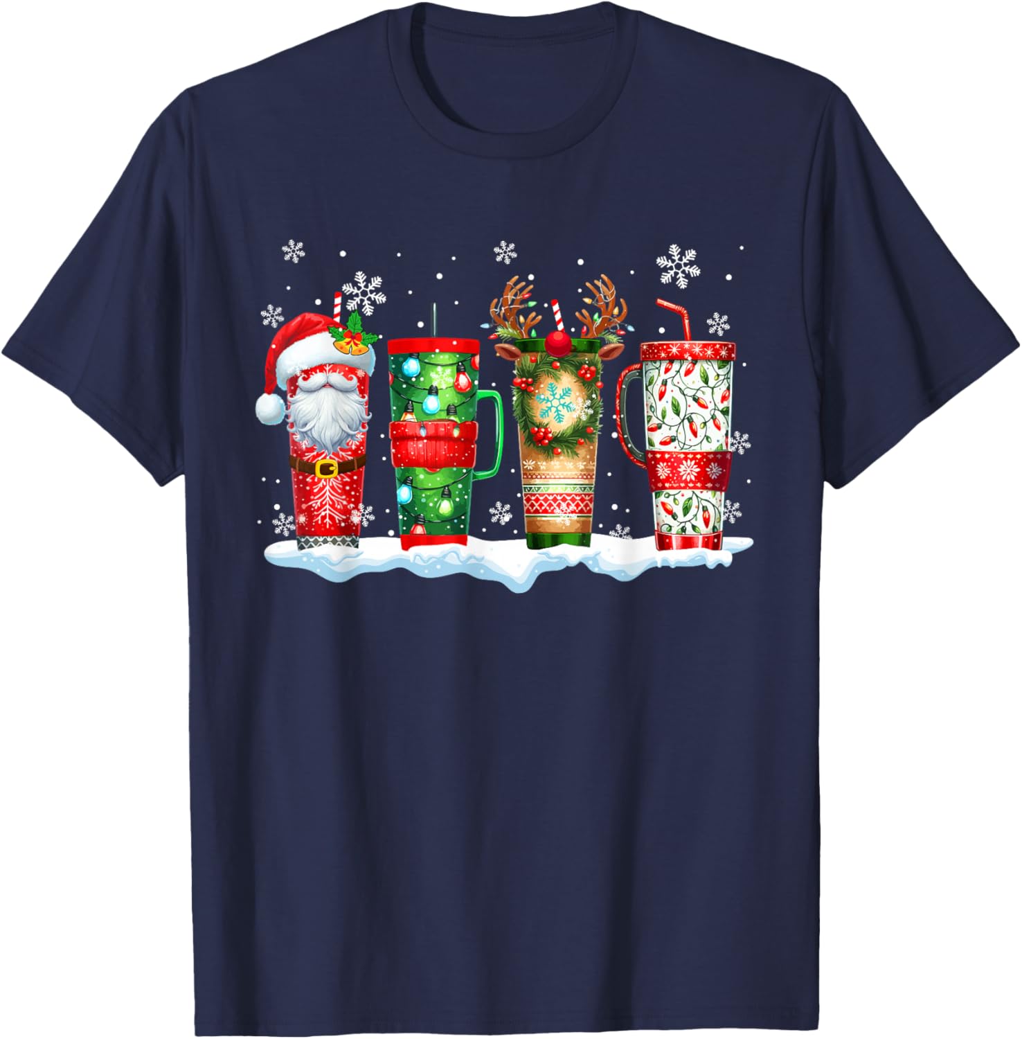 Three Santa Reindeer Elf Tumblers Of Coffee Christmas Lover T-Shirt - T-Shirt | Navy