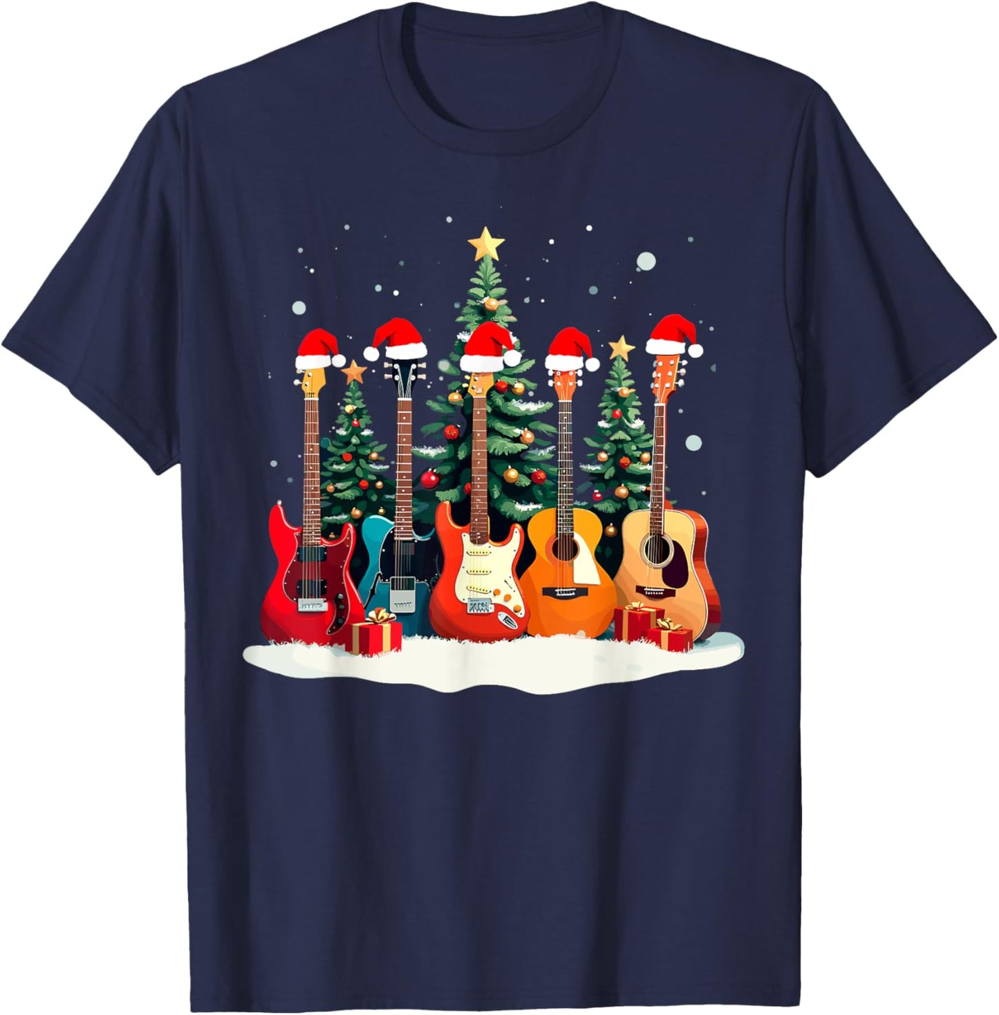 Santa Guitars Acoustic Bass Music Guitar Player Christmas T-Shirt - T-Shirt | Navy