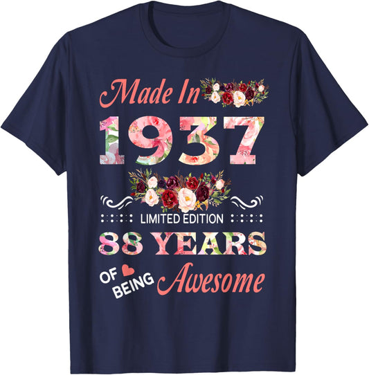 Made In 1937 88 Year Of Being Awesome Floral Birthday Women T-Shirt - T-Shirt | Navy