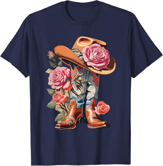 Cowgirl Boots Girl Pink Boot Hat Cowgirl T-Shirt - T-Shirt | Navy