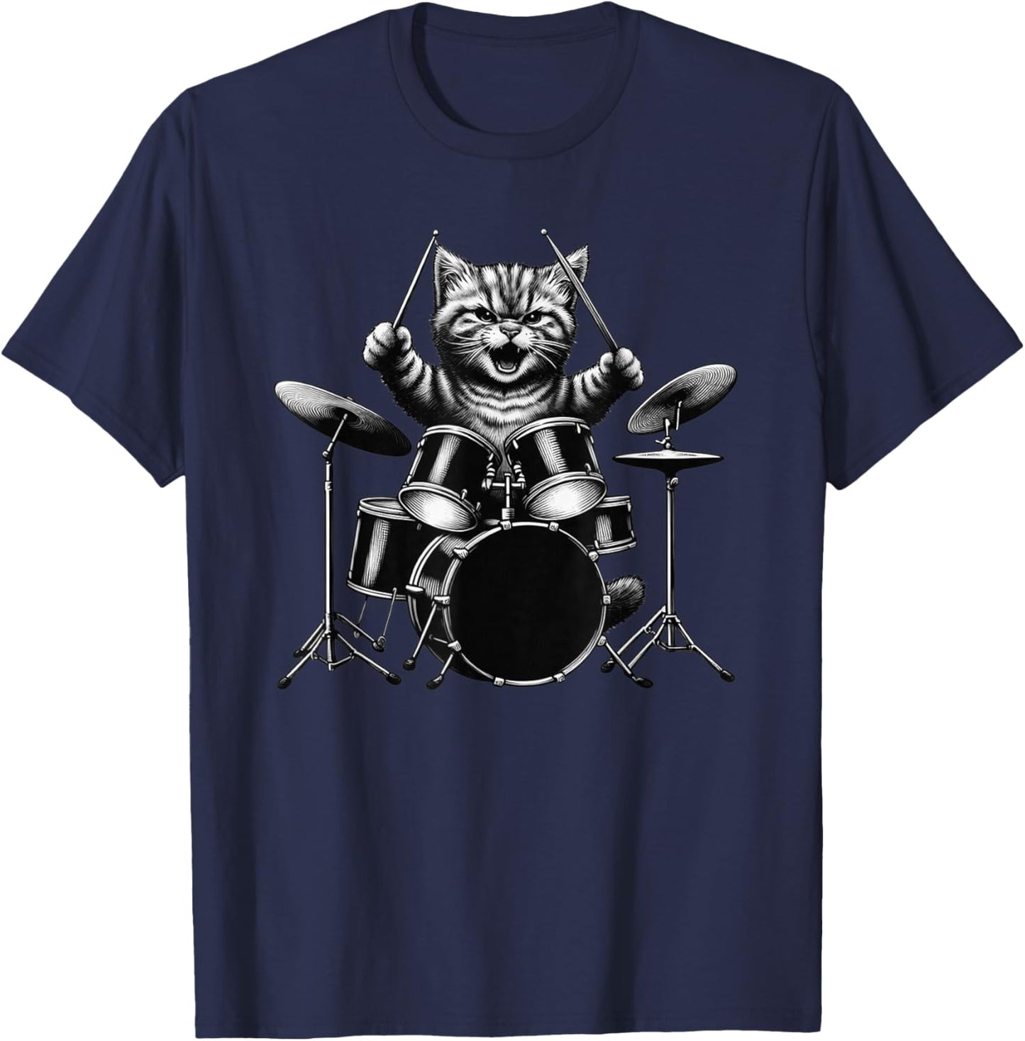 Kitten Rock Band Drummer Cat Playing Drums Drumsticks T-Shirt - T-Shirt | Navy