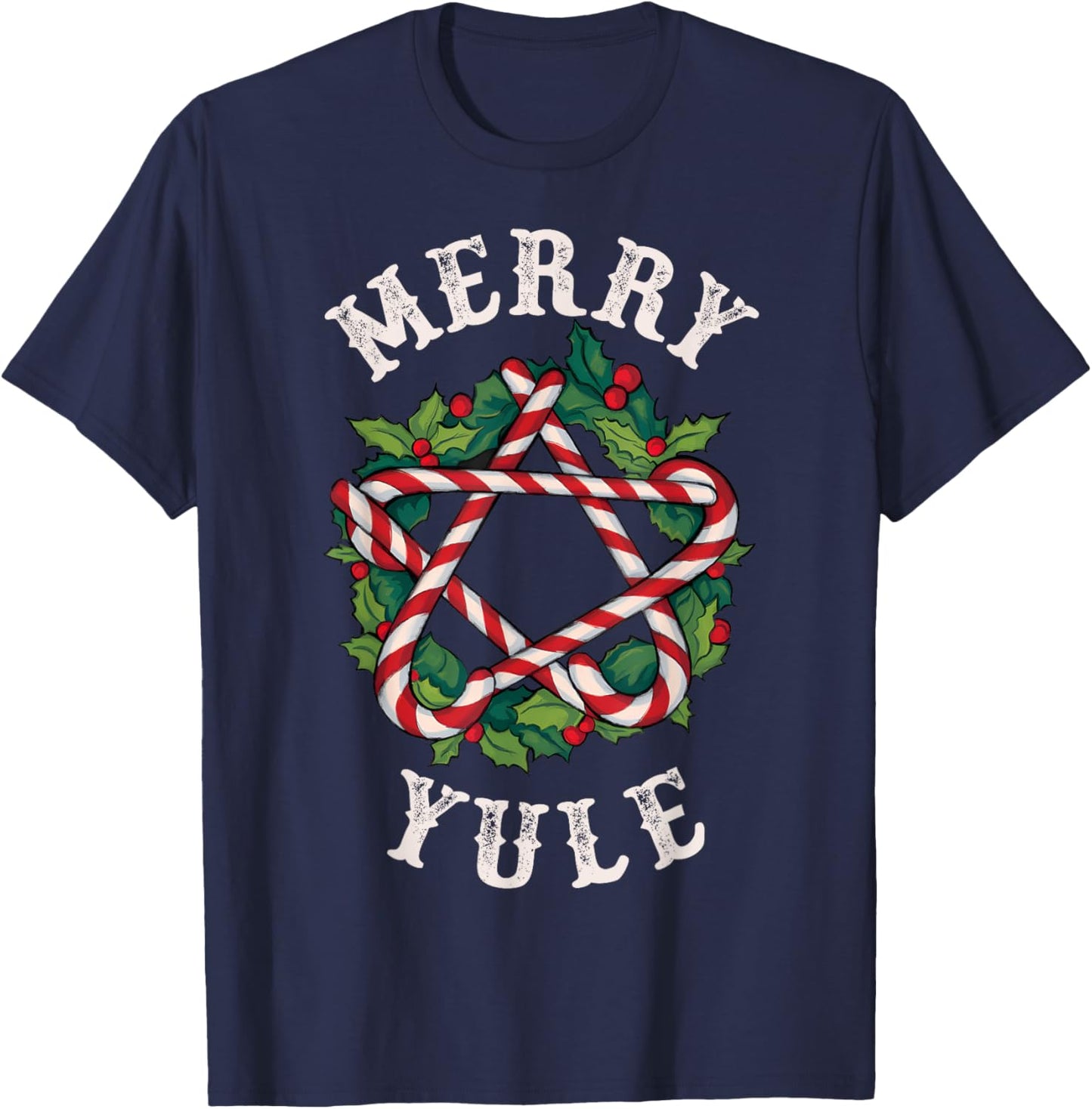 Merry Yule Winter Solstice Holly Christmas Pagan Pentagram T-Shirt - T-Shirt | Navy