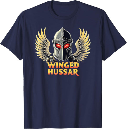 Winged Hussar - Helmet and Wings with Red Glowing Eye Slits T-Shirt - T-Shirt | Navy