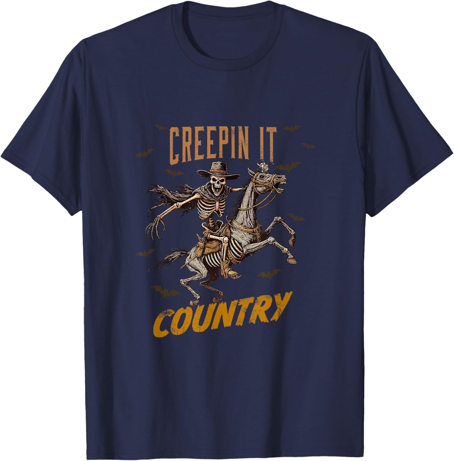 Vintage Western Funny Skeleton Halloween Creepin It Country T-Shirt - T-Shirt | Navy