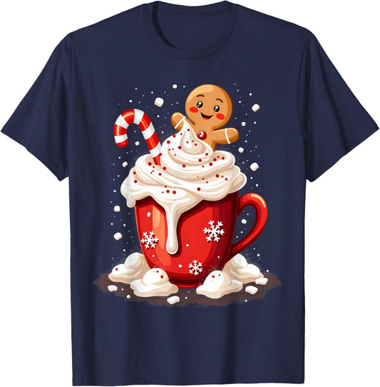 Festive Cocoa and Holiday Apparel -Child Christmas Holiday Whimsical Black Polyester 100% Small T-Shirt - T-Shirt | Navy