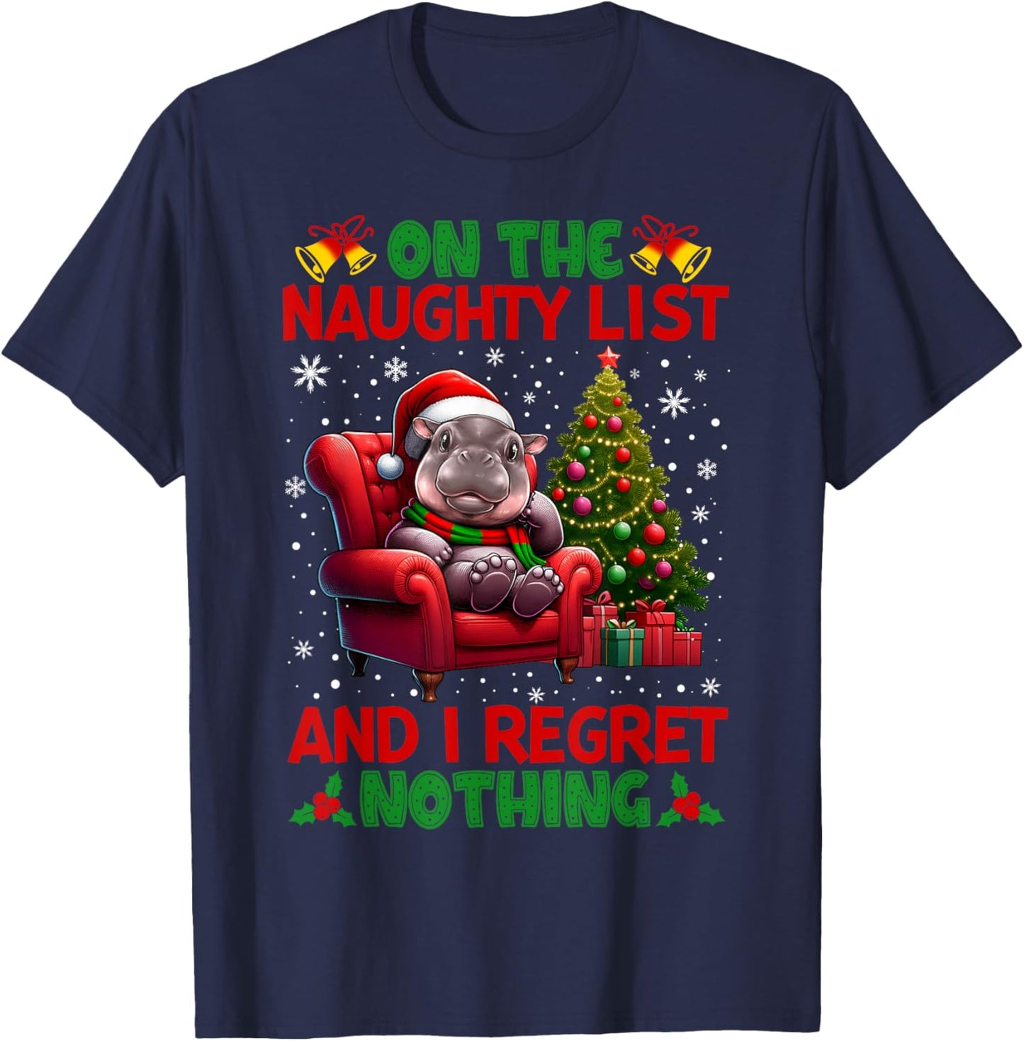 On The List Of Naughty And I Regret Nothing Moo Deng Xmas T-Shirt - T-Shirt | Navy