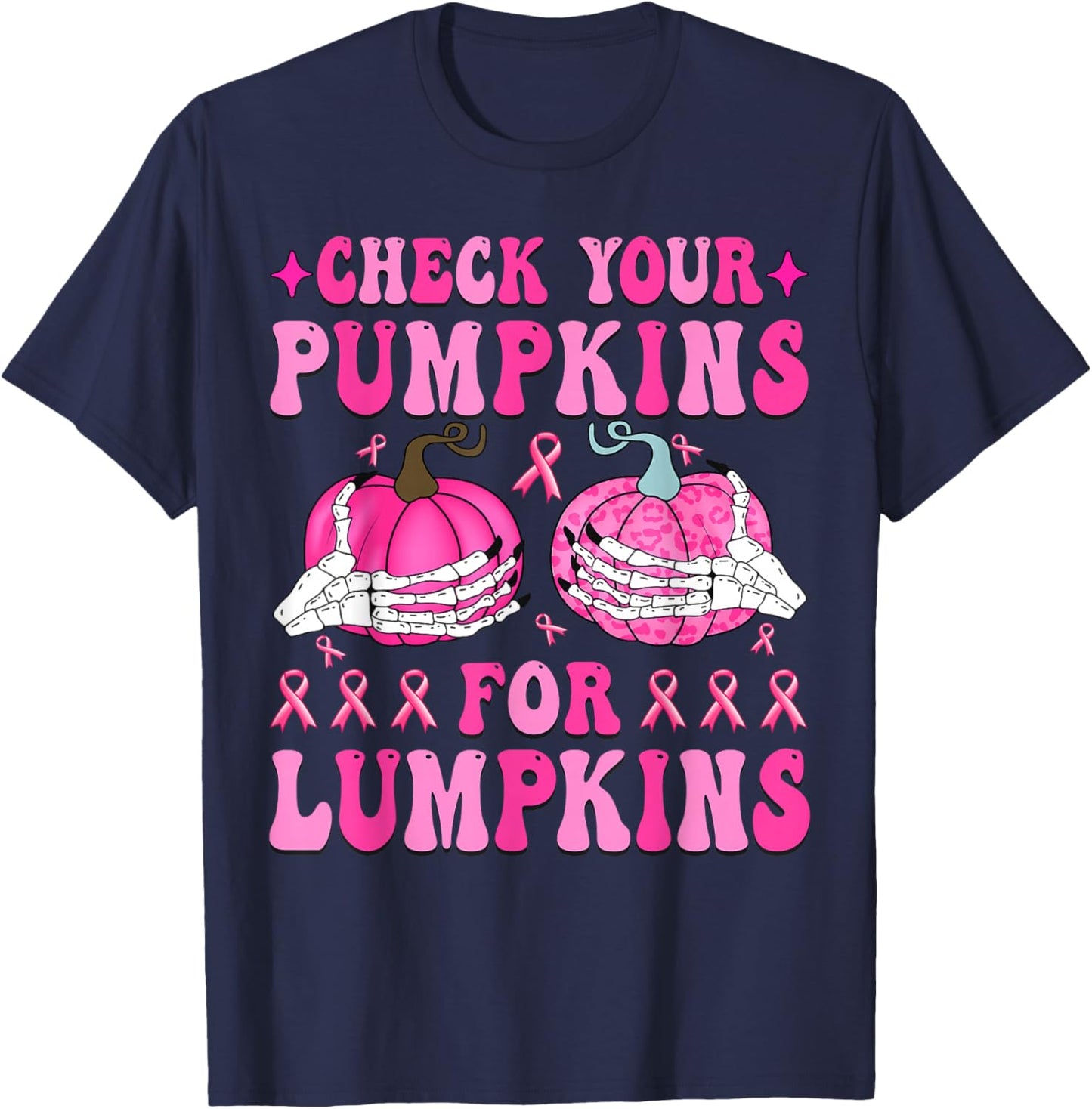 Check Your Pumpkins Breast Cancer Awareness Halloween T-Shirt - T-Shirt | Navy