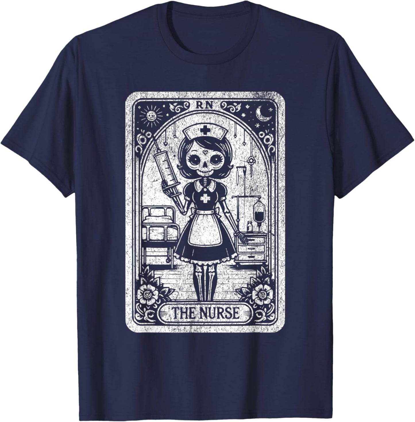Funny Spooky Skeleton RN Nurse The Nurse Tarot Card Nursing T-Shirt - T-Shirt | Navy