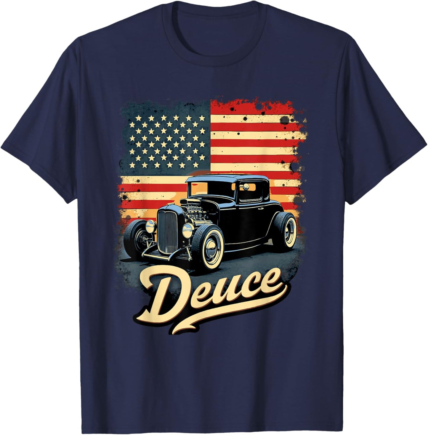32 Deuce Coupe American Classic Deuce American Flag Hot Rod T-Shirt - T-Shirt | Navy