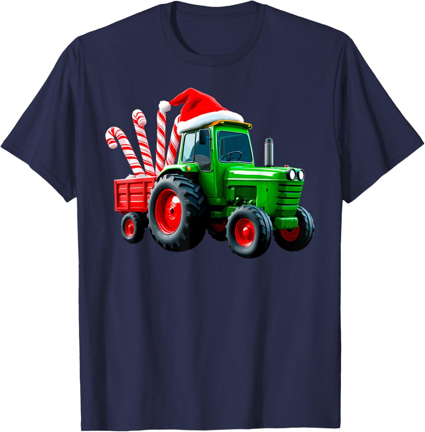Tractor with Trailer Candy Cane Santa Farm Farmer Christmas T-Shirt - T-Shirt | Navy