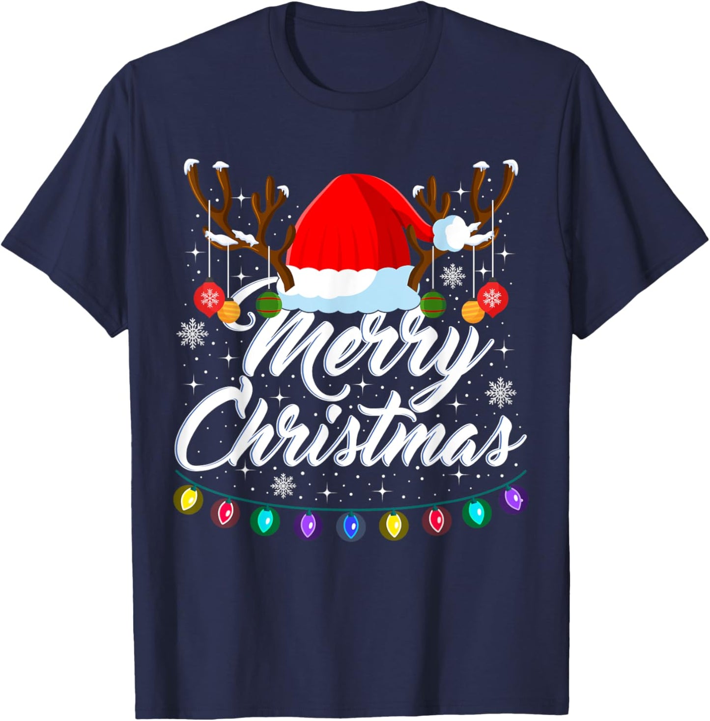 Merry Christmas Red Santa Hat Reindeer Xmas Matching Family T-Shirt - T-Shirt | Navy